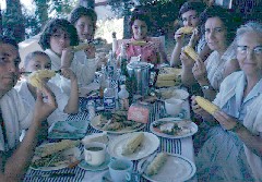 Frank, Fred Mike Conti, unknown, Ann, Ruth Bennet McDougal Dorrough (McDougal Dorrough), Alice, Florence Conti, Adelaide Haydock; camp